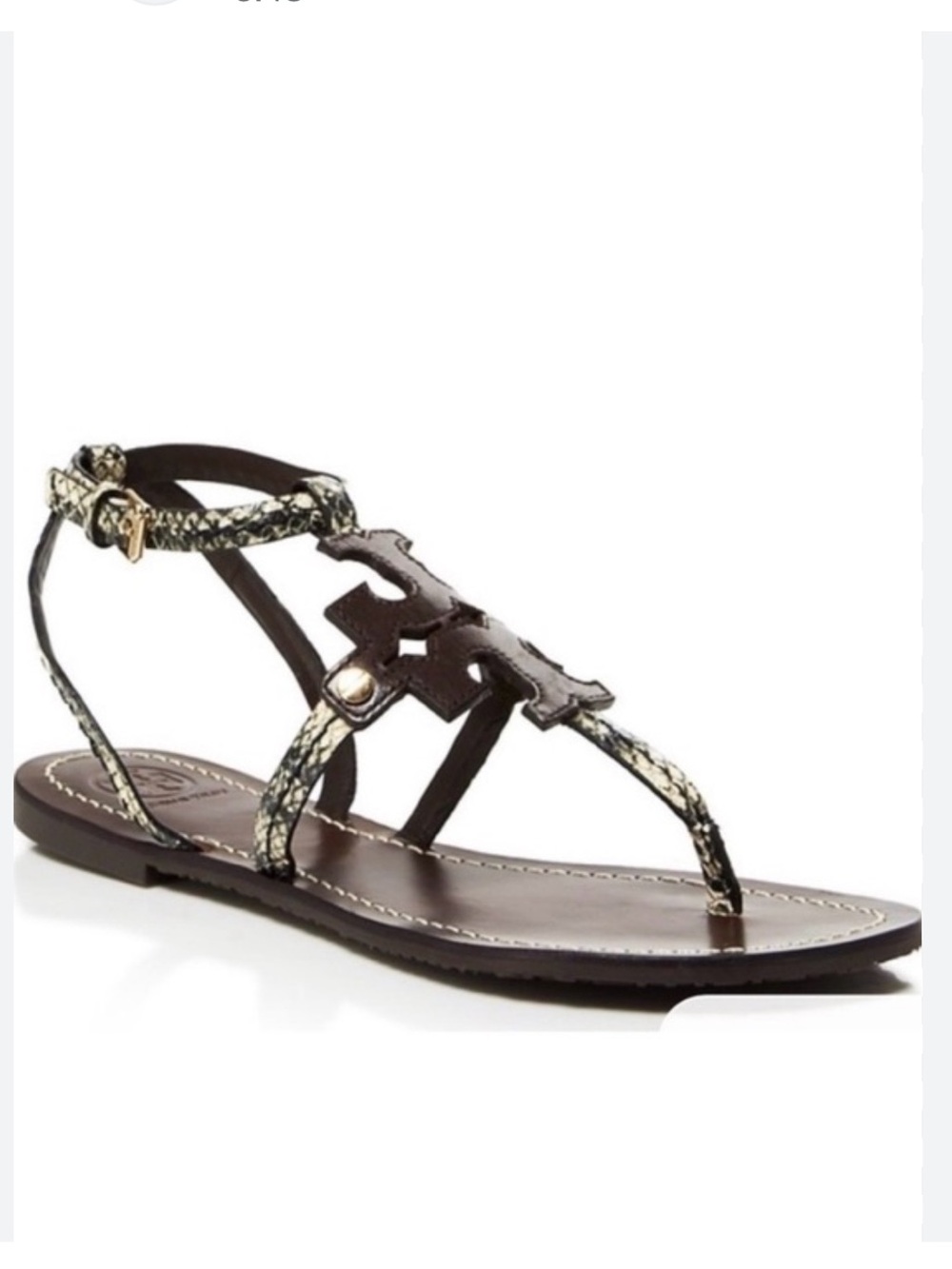 Tory Burch Snake print Leather T-Strap Flat Sandals 7 Brown